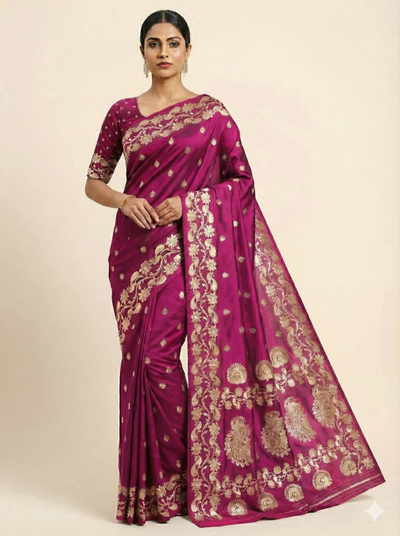 Magenta Silk Saree with Luxurious Gold Zari Floral & Peacock Border