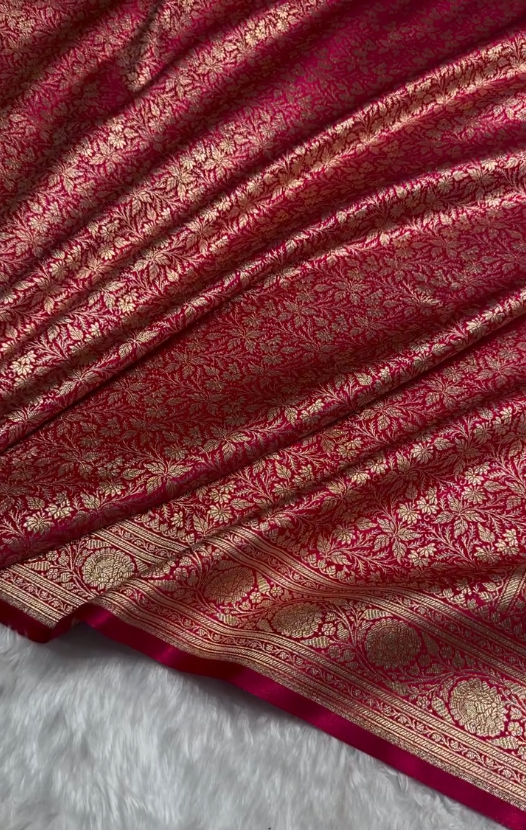 Rich Red Banarasi Brocade Silk Saree with All-Over Golden Zari Floral Weaving