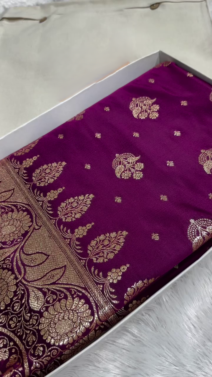 Royal Wine Purple Banarasi Silk Saree with Gold Zari Floral Buti & Heavy Designer Border