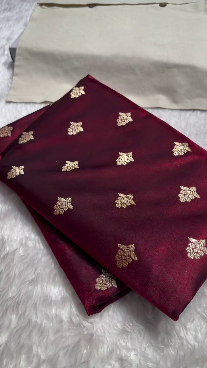 Wine Maroon Banarasi Silk Saree with Gold Zari Buti Motifs & Classic Woven Border