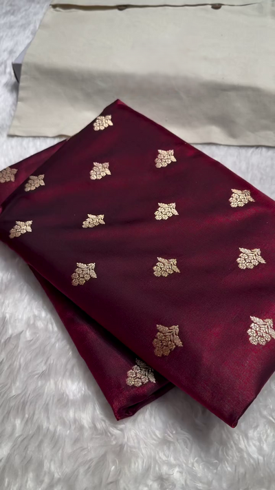 Wine Maroon Banarasi Silk Saree with Gold Zari Buti Motifs & Classic Woven Border