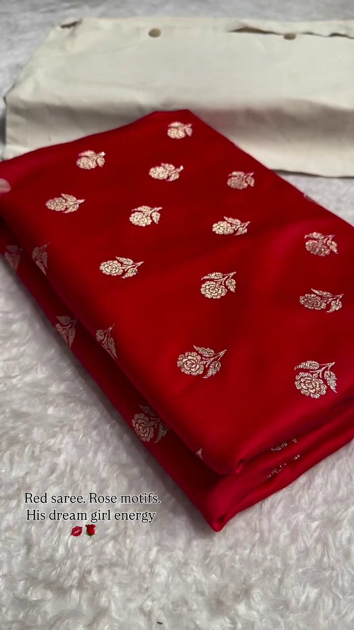 Bright Red Banarasi Silk Saree with Gold Zari Rose Buti Motifs & Traditional Woven Border