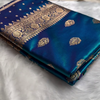 Blue Satin Silk Saree with Rich Golden Zari Border and Floral Motifs