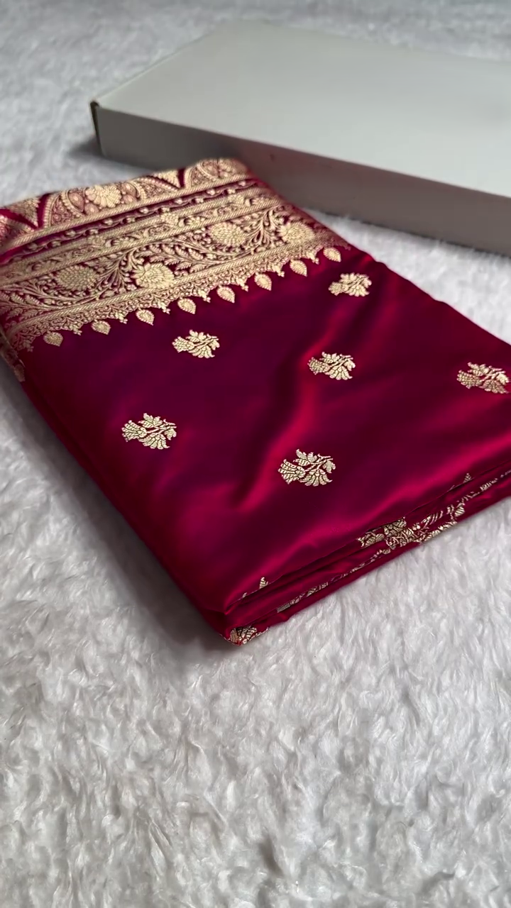 Deep Maroon Satin Silk Saree with Rich Golden Zari Border and Floral Butta Design