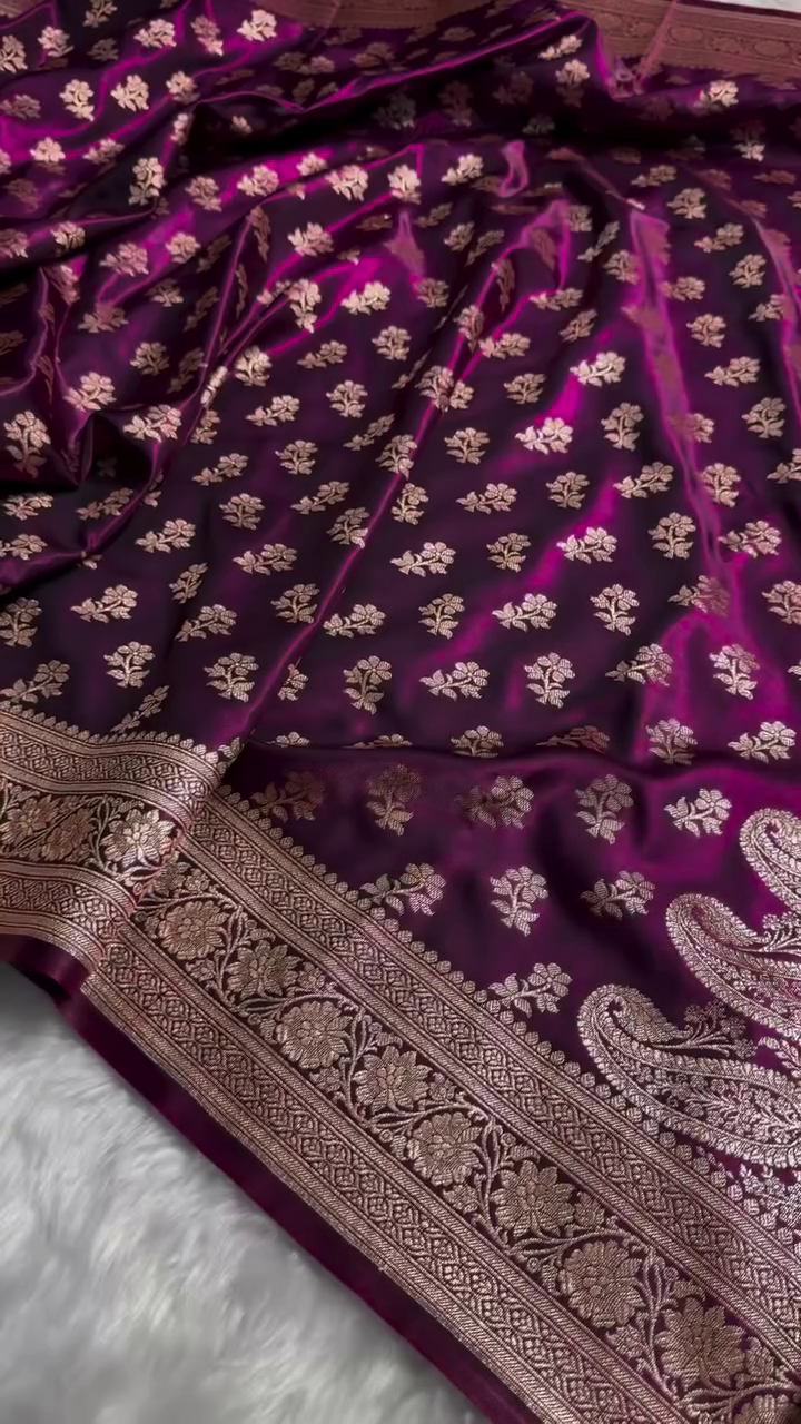 Dark Wine Satin Silk Saree with Intricate Golden Zari Floral Weaving and Rich Border