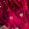 Deep Maroon Satin Silk Saree with Rich Golden Zari Border and Floral Butta Design