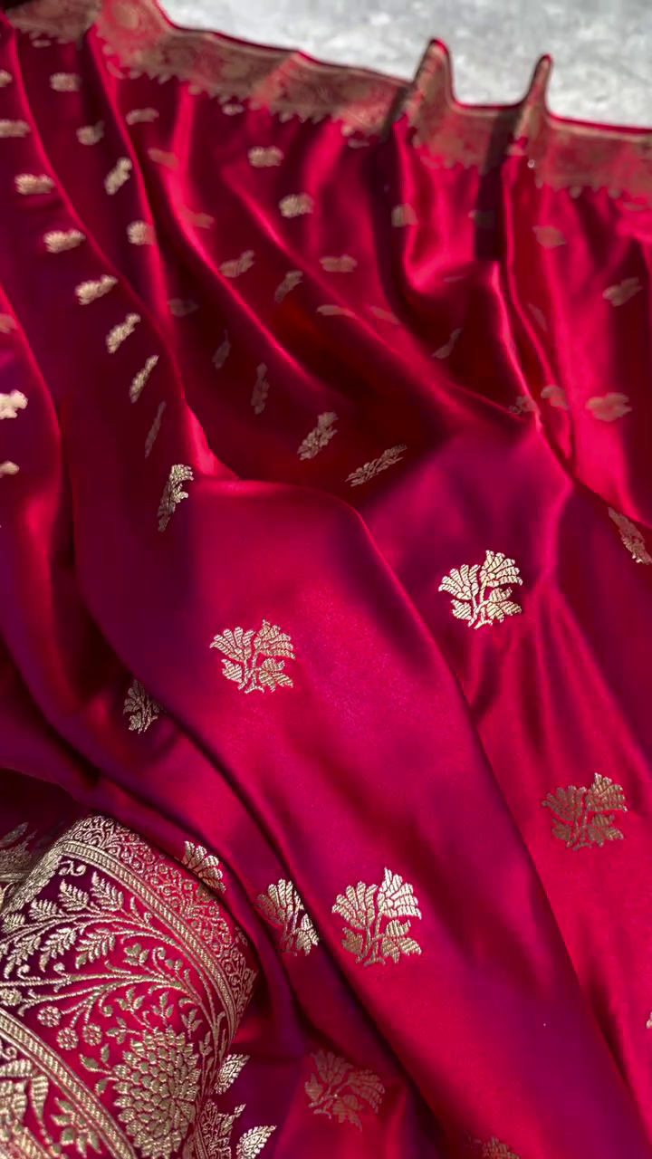 Deep Maroon Satin Silk Saree with Rich Golden Zari Border and Floral Butta Design