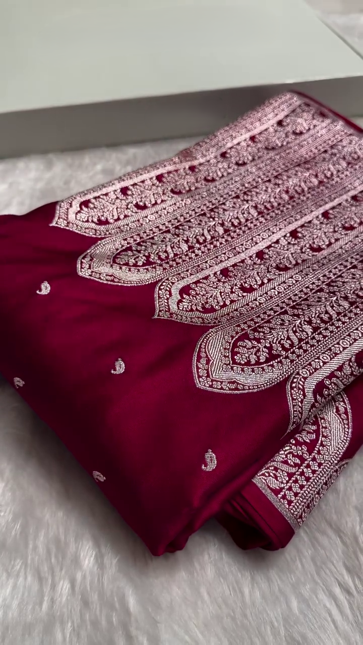 Maroon Banarasi Silk Saree With Heavy Silver Zari Weaving