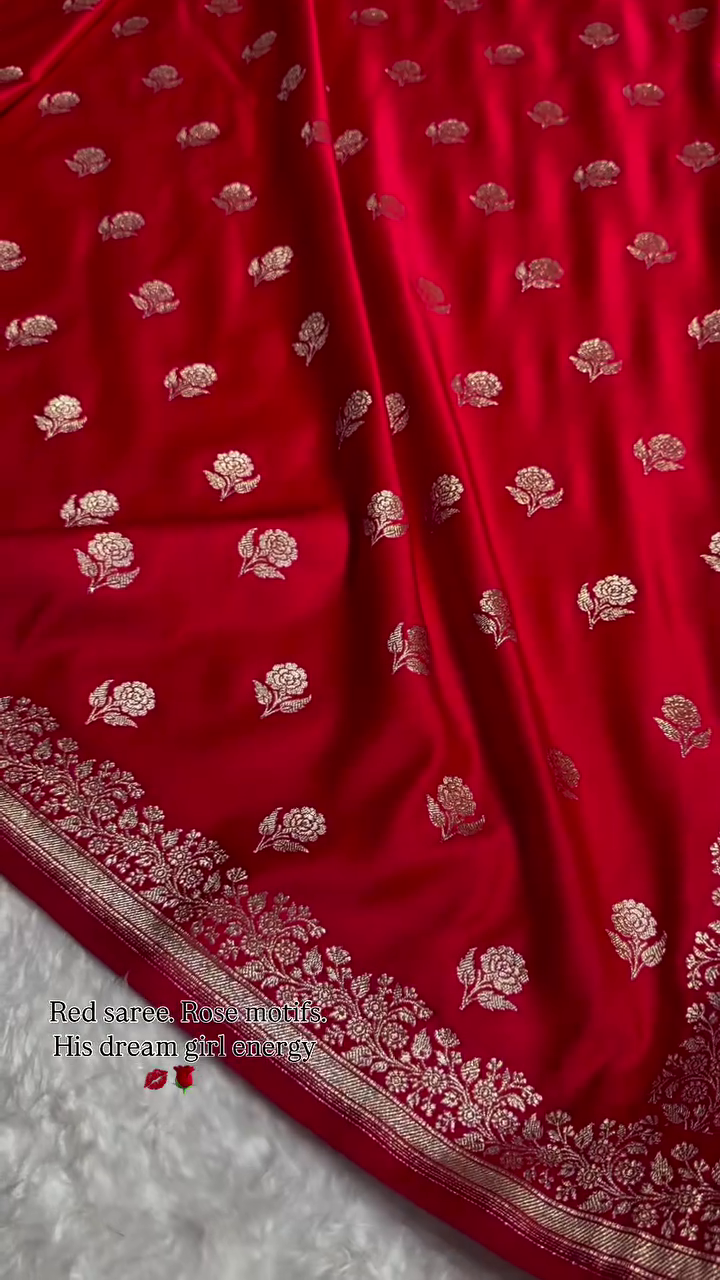 Bright Red Banarasi Silk Saree with Gold Zari Rose Buti Motifs & Traditional Woven Border