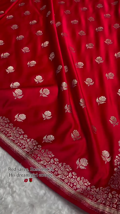Bright Red Banarasi Silk Saree with Gold Zari Rose Buti Motifs & Traditional Woven Border