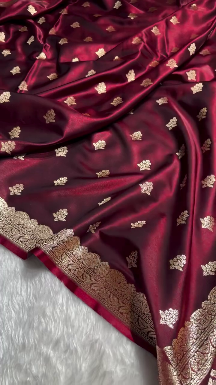 Wine Maroon Banarasi Silk Saree with Gold Zari Buti Motifs & Classic Woven Border