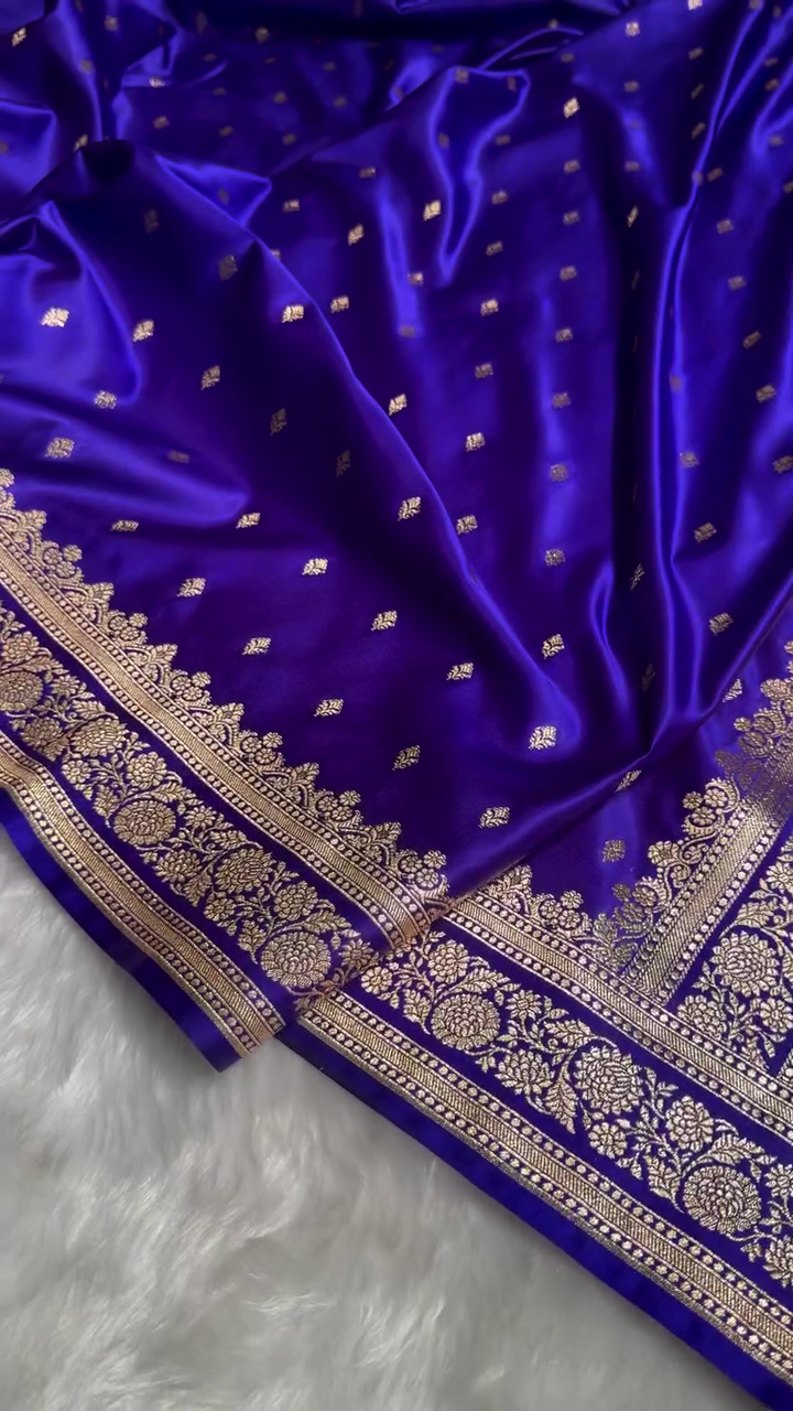 Royal Blue Satin Silk Saree with Intricate Golden Zari Border and Butta Design