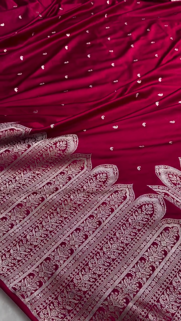 Maroon Banarasi Silk Saree With Heavy Silver Zari Weaving