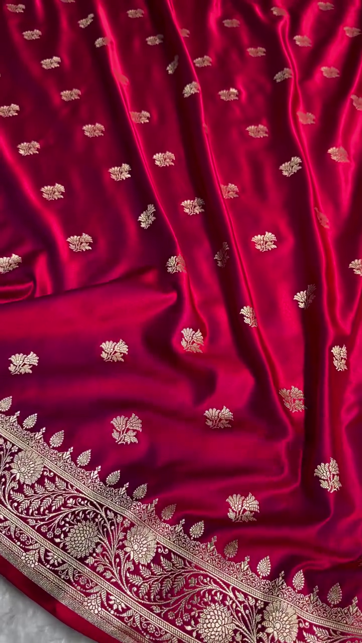 Deep Maroon Satin Silk Saree with Rich Golden Zari Border and Floral Butta Design
