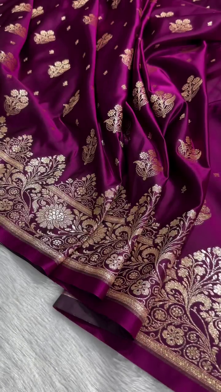 Royal Wine Purple Banarasi Silk Saree with Gold Zari Floral Buti & Heavy Designer Border