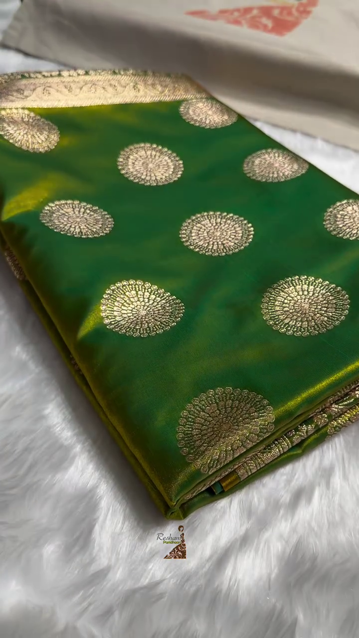 Emerald Green Satin Silk Saree with Grand Golden Zari Circular Motifs and Border