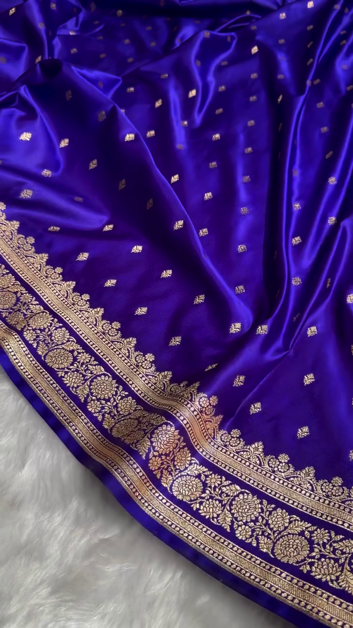 Royal Blue Satin Silk Saree with Intricate Golden Zari Border and Butta Design