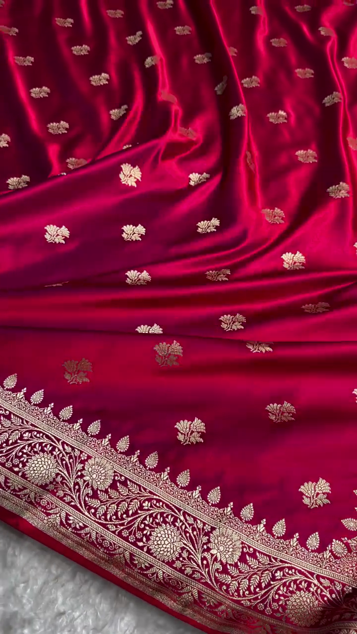 Deep Maroon Satin Silk Saree with Rich Golden Zari Border and Floral Butta Design