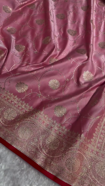Rose Pink Banarasi Silk Saree with Gold Zari Floral Jaal & Heavy Traditional Border