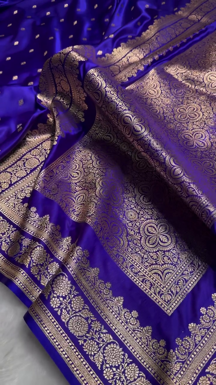 Royal Blue Satin Silk Saree with Intricate Golden Zari Border and Butta Design