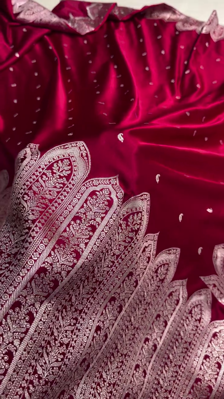 Maroon Banarasi Silk Saree With Heavy Silver Zari Weaving