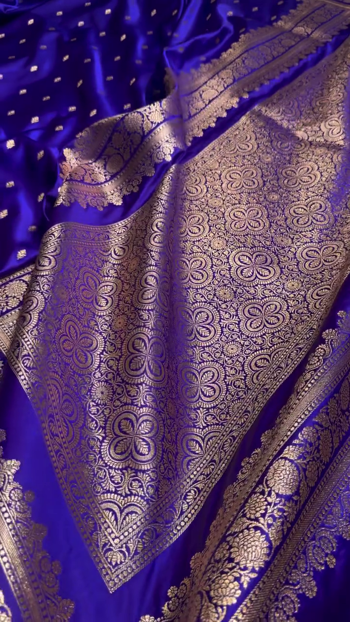 Royal Blue Satin Silk Saree with Intricate Golden Zari Border and Butta Design