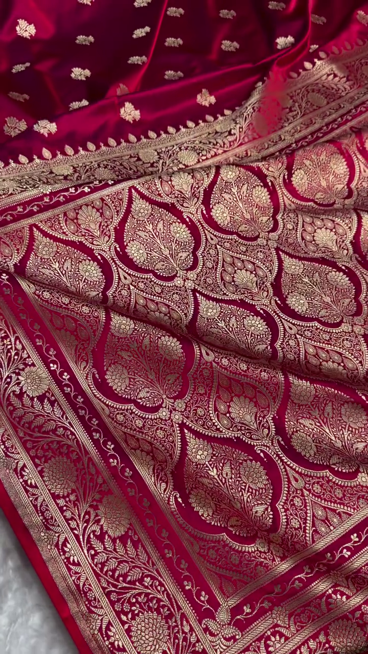 Deep Maroon Satin Silk Saree with Rich Golden Zari Border and Floral Butta Design