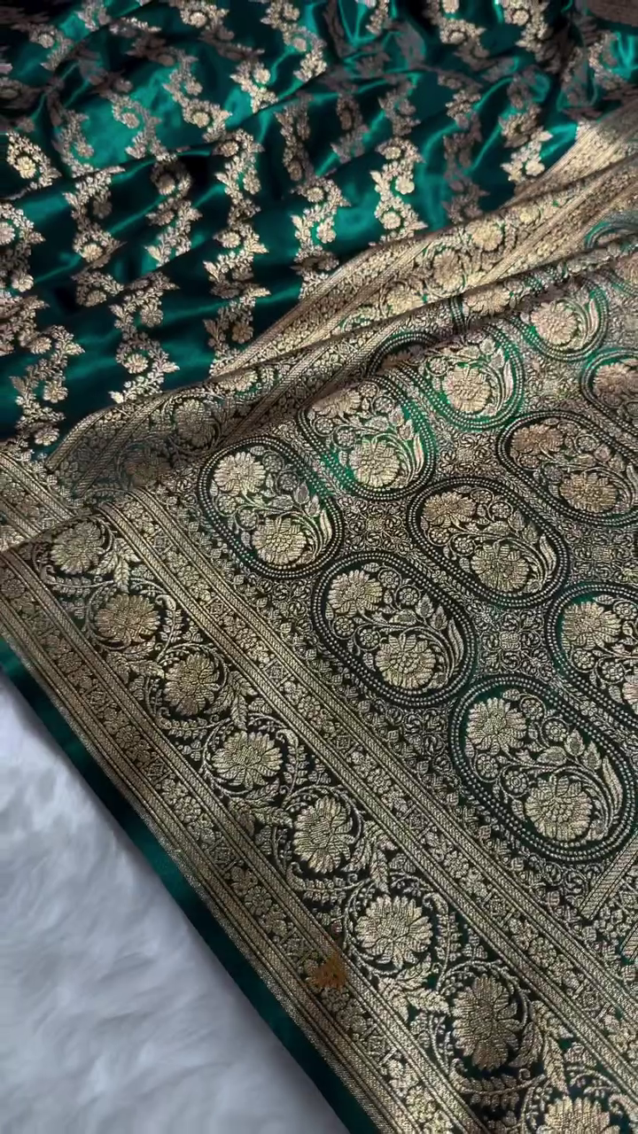 Dark Teal Green Banarasi Silk Saree with Heavy Gold Zari Floral Jaal & Rich Traditional Border