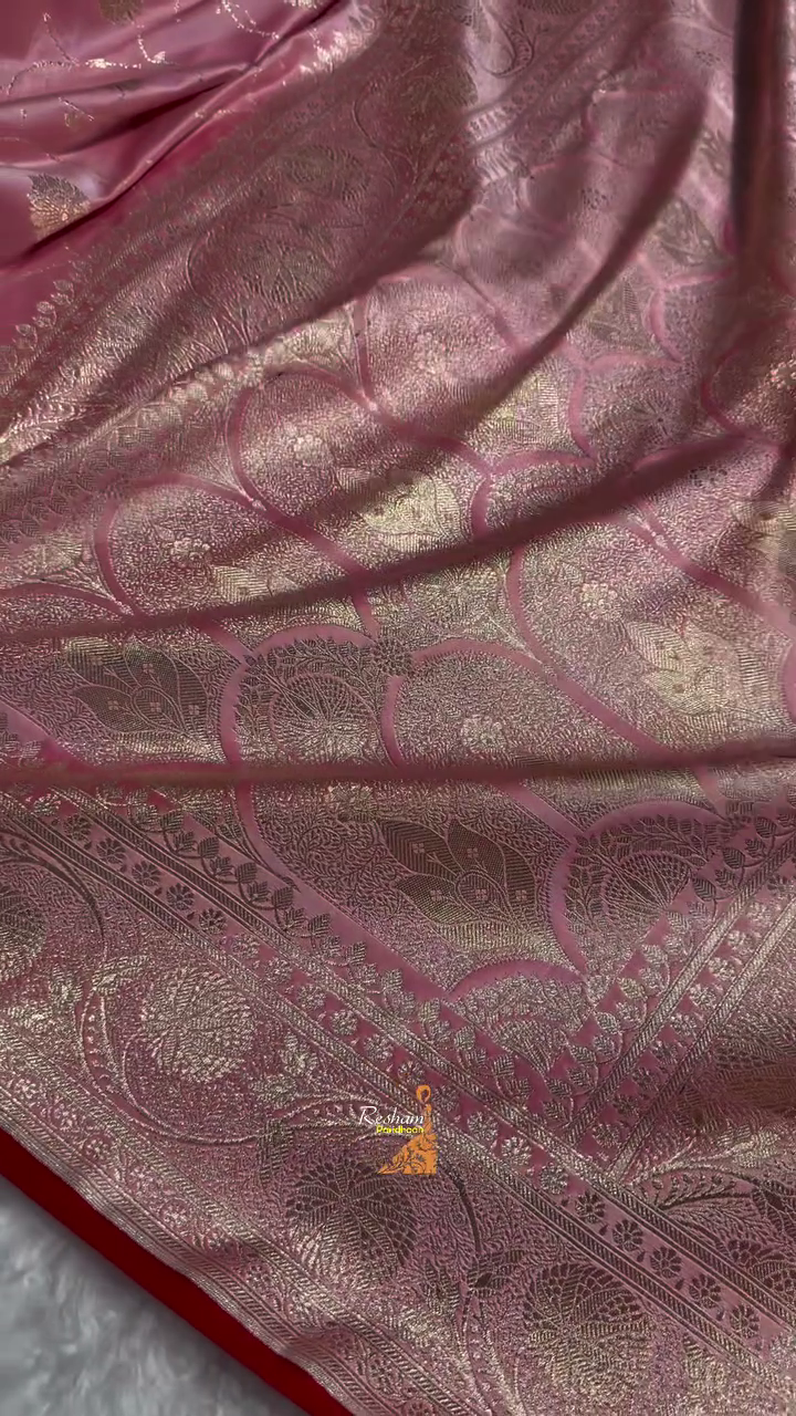 Rose Pink Banarasi Silk Saree with Gold Zari Floral Jaal & Heavy Traditional Border