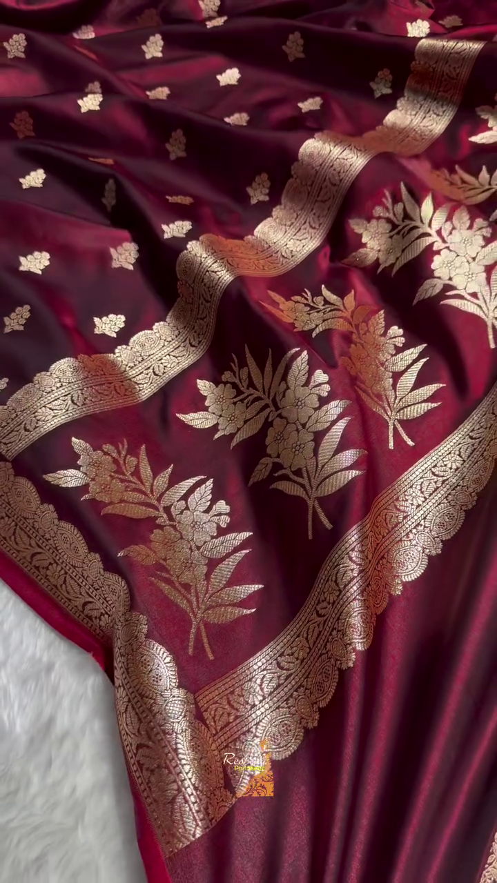 Wine Maroon Banarasi Silk Saree with Gold Zari Buti Motifs & Classic Woven Border