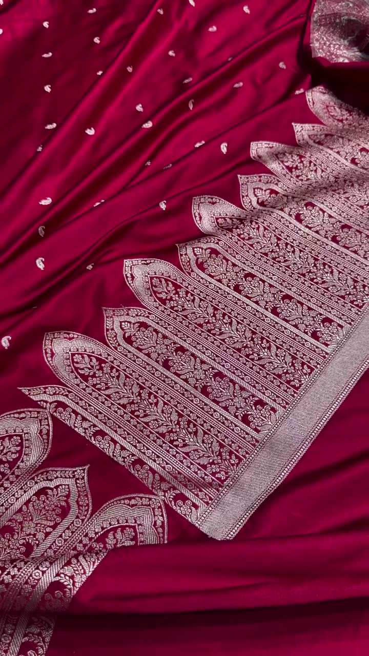 Maroon Banarasi Silk Saree With Heavy Silver Zari Weaving