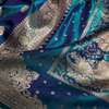 Blue Satin Silk Saree with Rich Golden Zari Border and Floral Motifs