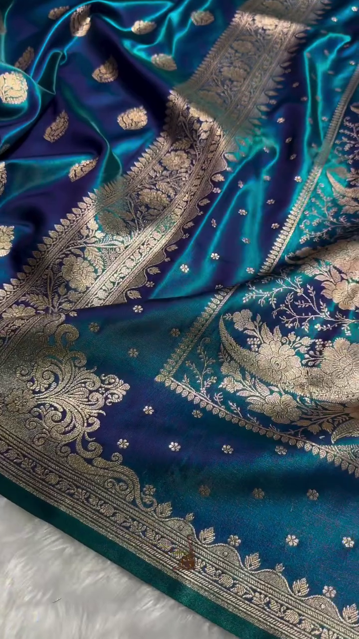 Blue Satin Silk Saree with Rich Golden Zari Border and Floral Motifs