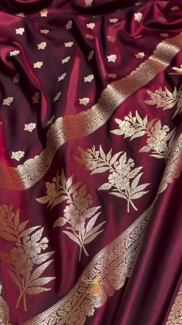 Wine Maroon Banarasi Silk Saree with Gold Zari Buti Motifs & Classic Woven Border