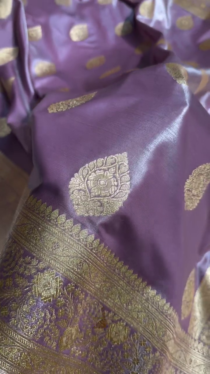 Lavender Purple Banarasi Silk Saree with Gold Zari Paisley Motifs & Elegant Woven Border
