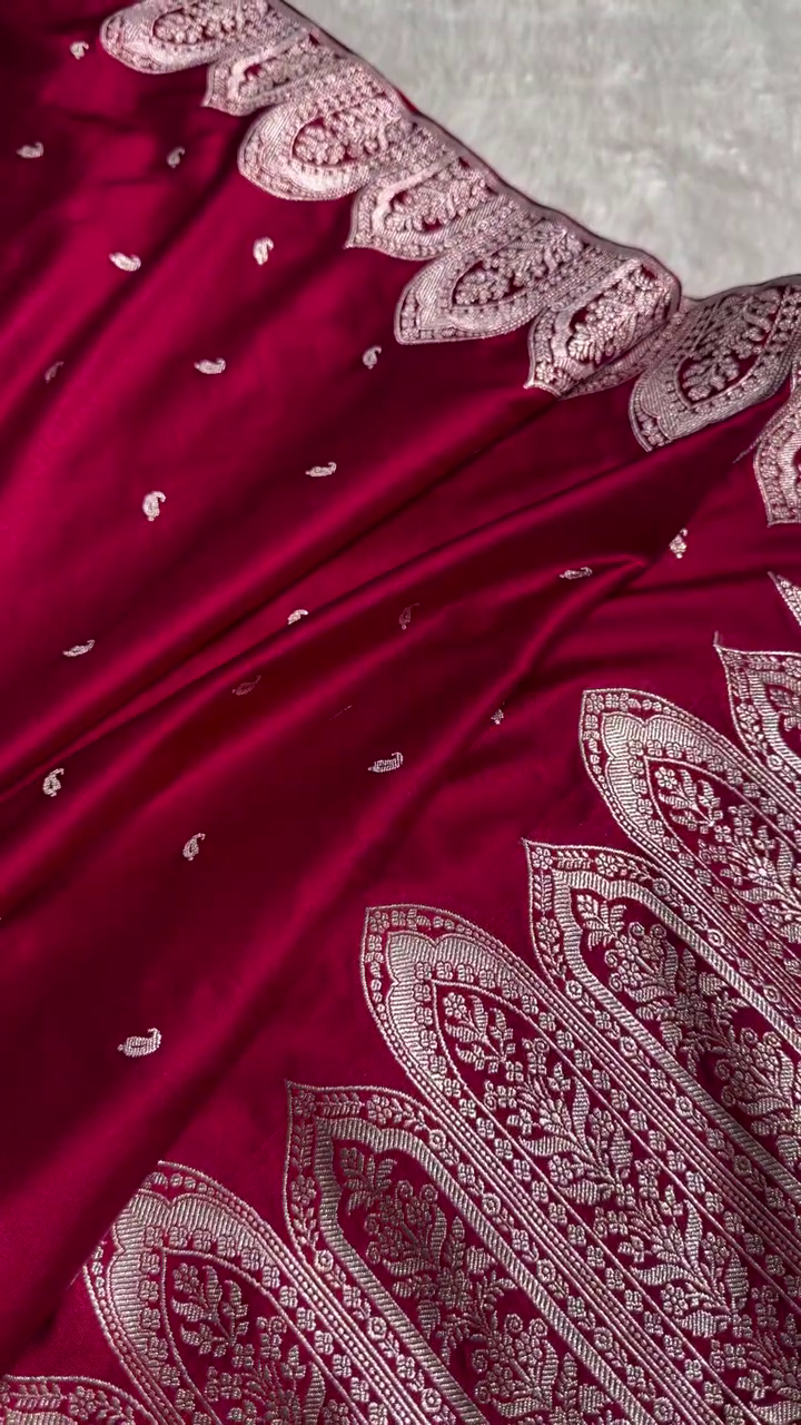 Maroon Banarasi Silk Saree With Heavy Silver Zari Weaving