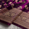 Dark Wine Satin Silk Saree with Intricate Golden Zari Floral Weaving and Rich Border