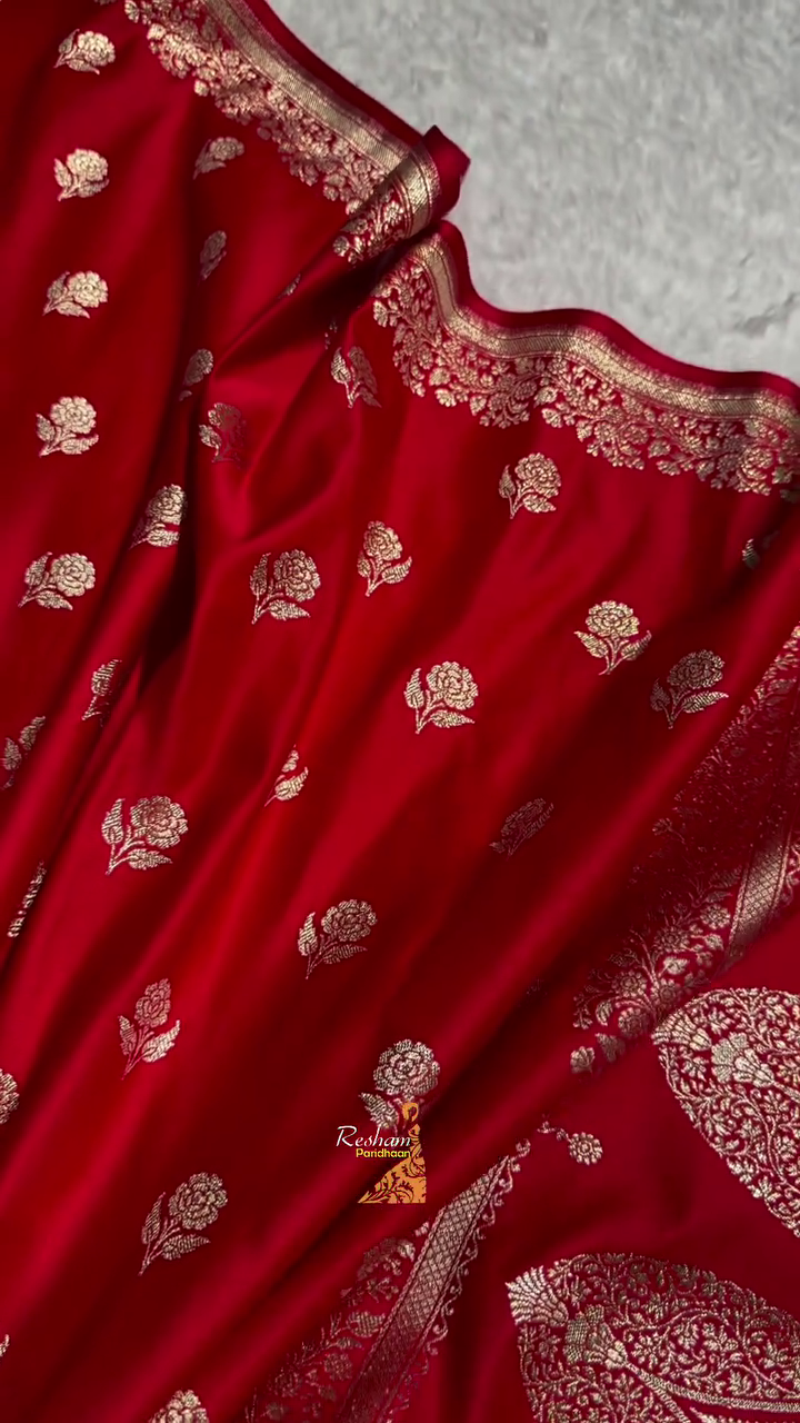 Bright Red Banarasi Silk Saree with Gold Zari Rose Buti Motifs & Traditional Woven Border