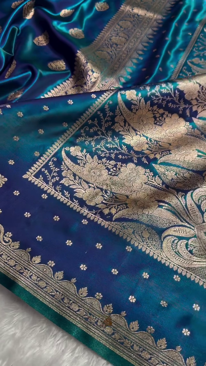 Blue Satin Silk Saree with Rich Golden Zari Border and Floral Motifs