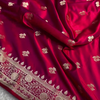 Deep Maroon Satin Silk Saree with Rich Golden Zari Border and Floral Butta Design
