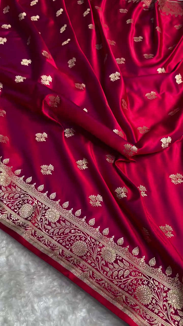 Deep Maroon Satin Silk Saree with Rich Golden Zari Border and Floral Butta Design