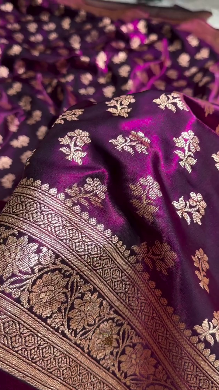 Dark Wine Satin Silk Saree with Intricate Golden Zari Floral Weaving and Rich Border