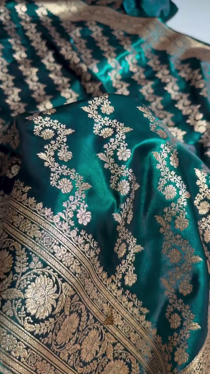 Dark Teal Green Banarasi Silk Saree with Heavy Gold Zari Floral Jaal & Rich Traditional Border