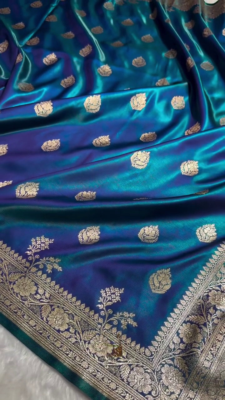 Blue Satin Silk Saree with Rich Golden Zari Border and Floral Motifs