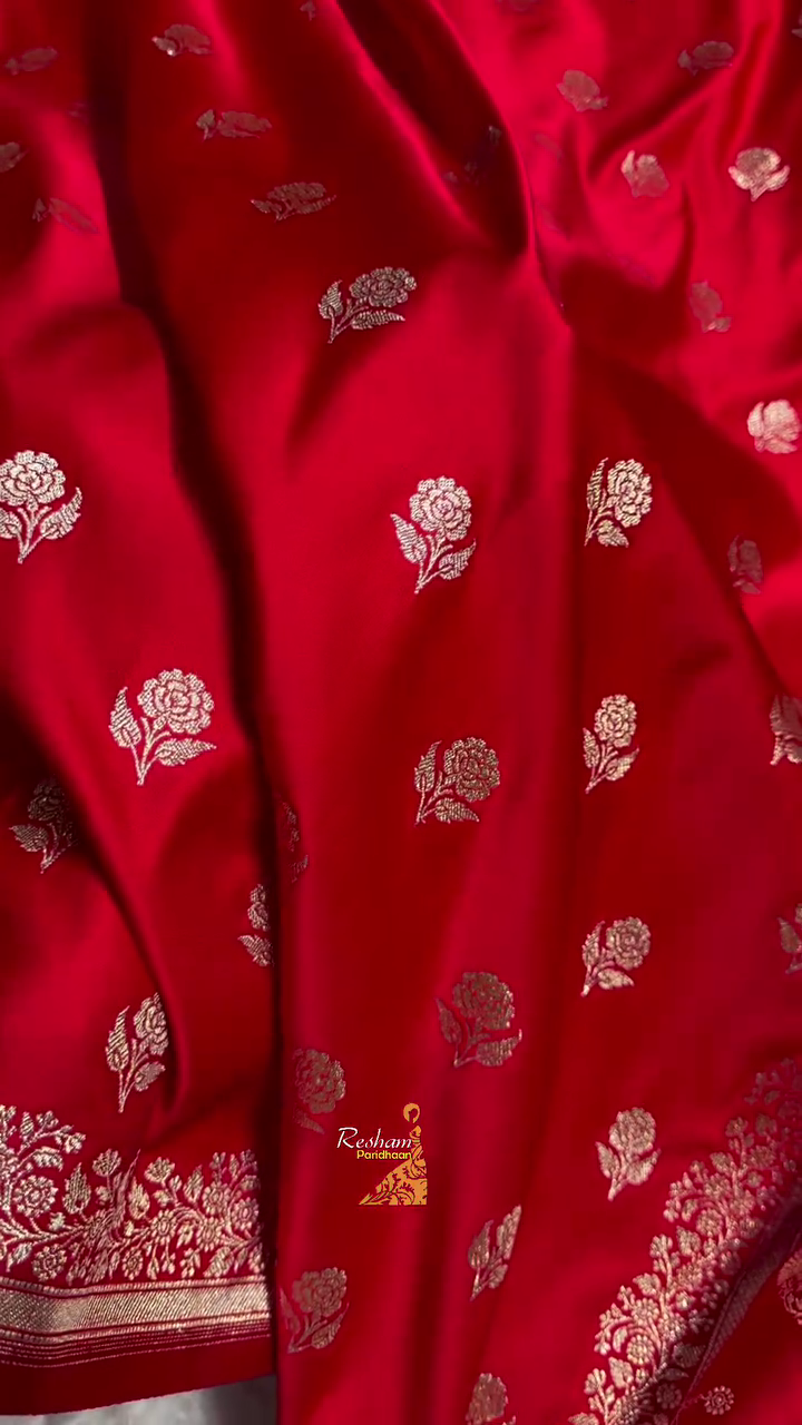 Bright Red Banarasi Silk Saree with Gold Zari Rose Buti Motifs & Traditional Woven Border