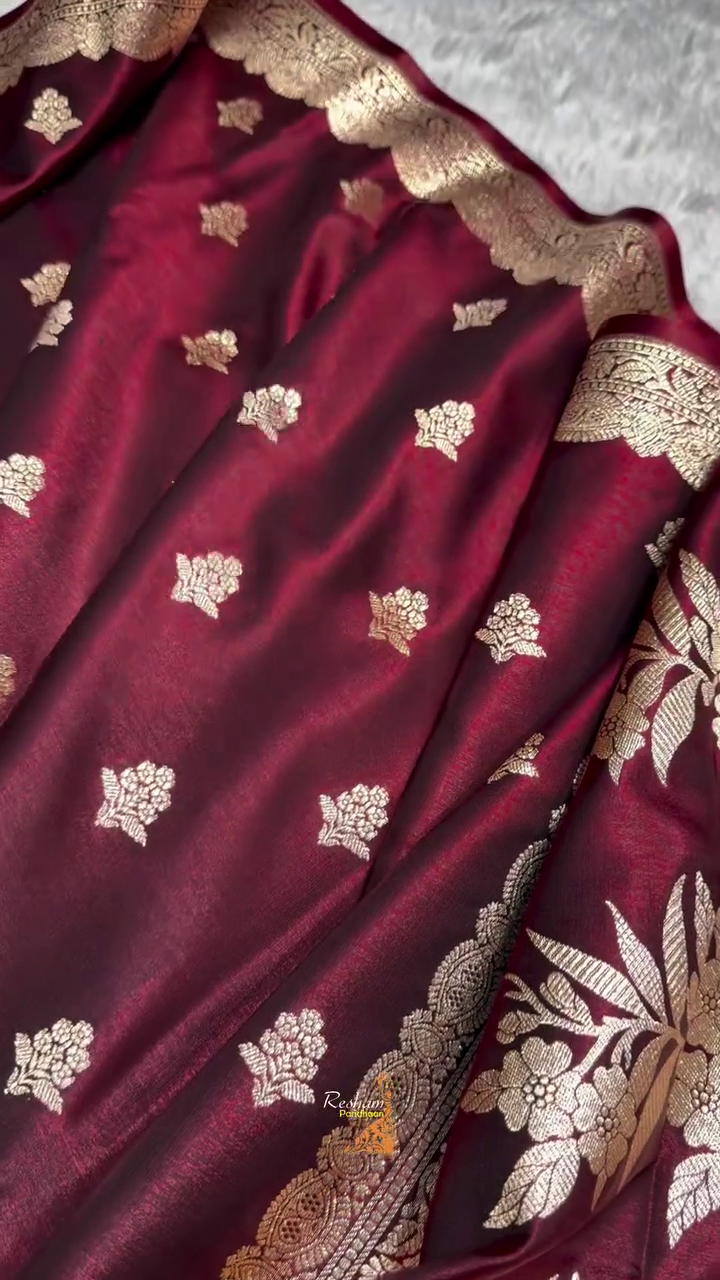 Wine Maroon Banarasi Silk Saree with Gold Zari Buti Motifs & Classic Woven Border