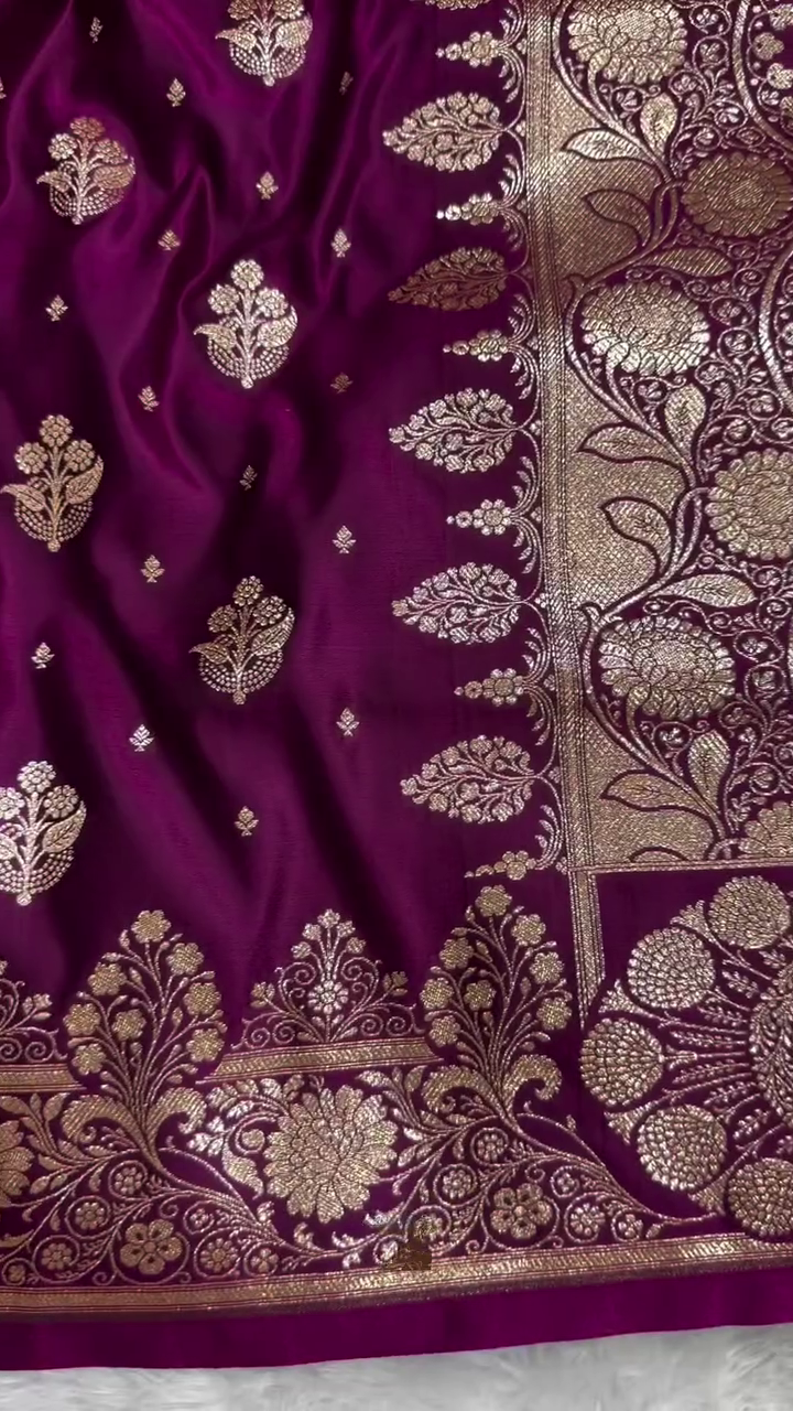 Royal Wine Purple Banarasi Silk Saree with Gold Zari Floral Buti & Heavy Designer Border