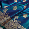 Blue Satin Silk Saree with Rich Golden Zari Border and Floral Motifs