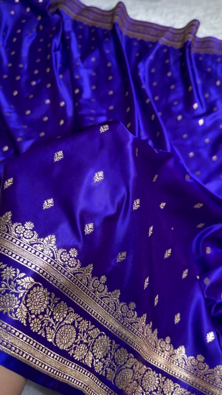 Royal Blue Satin Silk Saree with Intricate Golden Zari Border and Butta Design