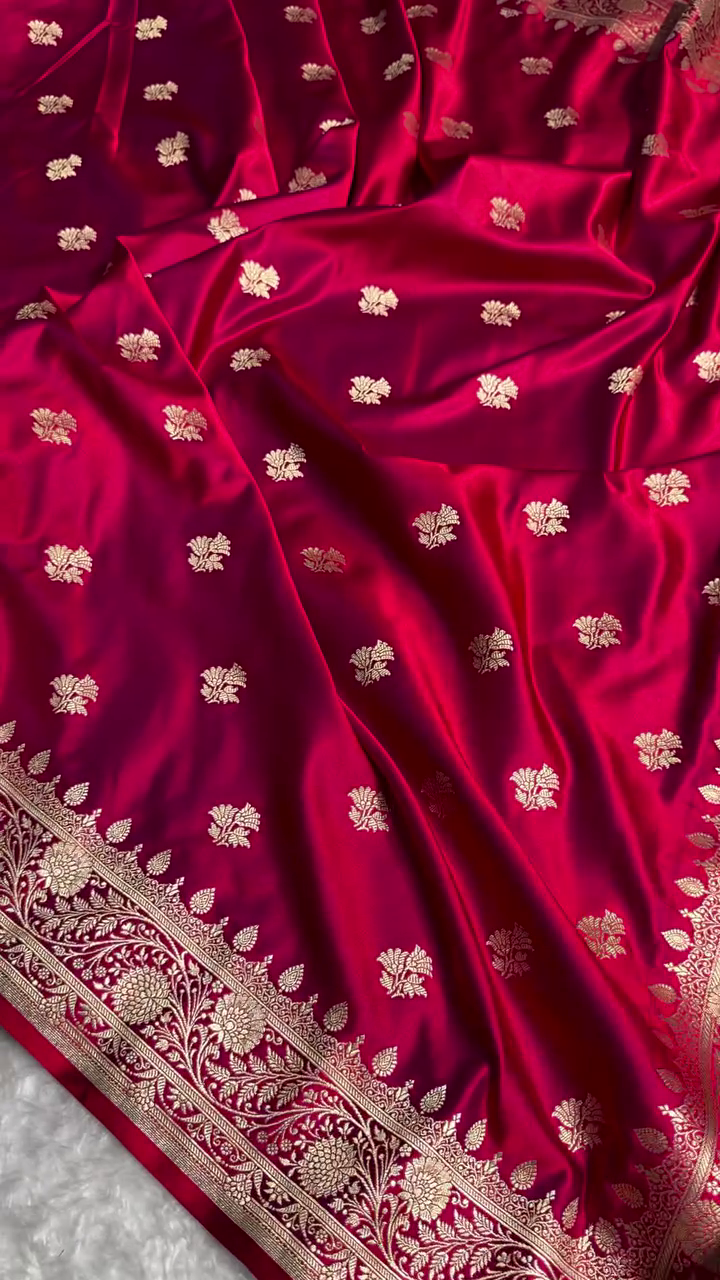 Deep Maroon Satin Silk Saree with Rich Golden Zari Border and Floral Butta Design
